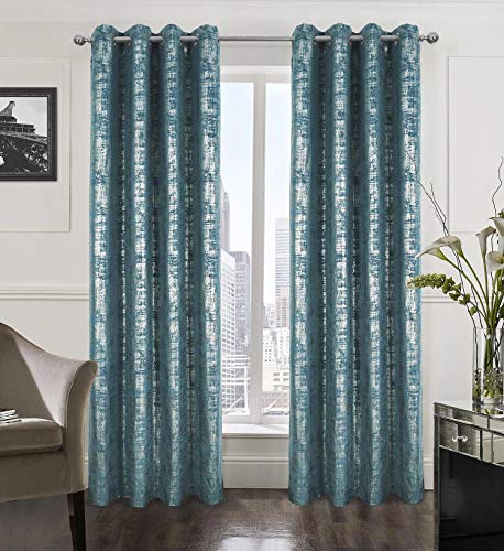 always4u Weiche Samtvorhänge, 213 cm Länge, luxuriöse Schlafzimmer-Vorhänge, Silberfolien-Druck, Fensterbehandlungen für Wohnzimmer, 2 Stück, Blaugrün von always4u