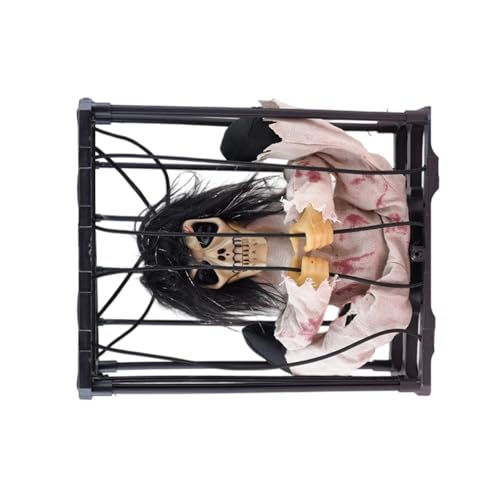 Animiertes Skelett Käfig Spectter Ornament Halloween Dekoration ABS Unheimliche Heimdekoration für Innen Außen Weiß Skelett Käfig Halloween Requisiten von amangul