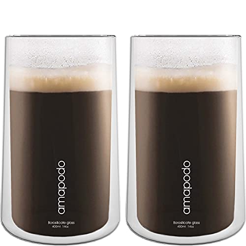 amapodo Doppelwandige Gläser Set 2-teilig - Kaffeegläser 400ml - Latte Macchiato Gläser doppelwandig - Cappuccino Tassen - Thermogläser - Spülmaschinenfeste Teegläser aus Borosilikatglas von amapodo