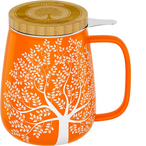 amapodo Teetasse mit Deckel und Sieb - 600ml Porzellan Tee Tasse groß - Jumbotasse - XXL Tea Cup Set Orange - plastikfrei von amapodo