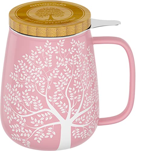 amapodo Teetasse mit Deckel und Sieb - 600ml Porzellan Tee Tasse groß - Jumbotasse - XXL Tea Cup Set Rosa - plastikfrei von amapodo