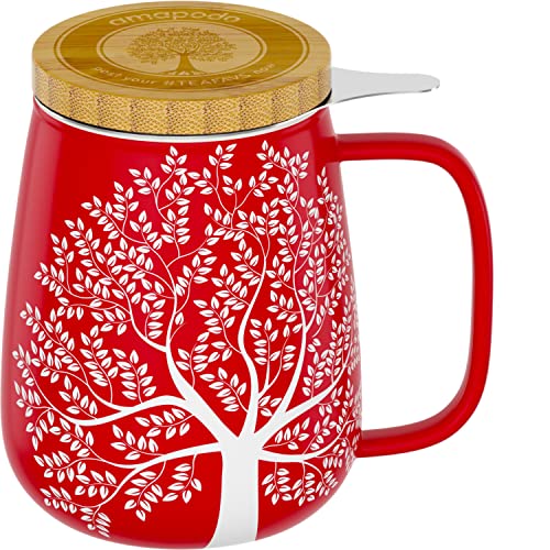 amapodo Teetasse mit Deckel und Sieb - 600ml Porzellan Tee Tasse groß - Jumbotasse - XXL Tea Cup Set Rot - plastikfrei von amapodo