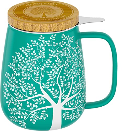 amapodo Teetasse mit Deckel und Sieb - 600ml Porzellan Tee Tasse groß - Jumbotasse - XXL Tea Cup Set Türkis - plastikfrei von amapodo