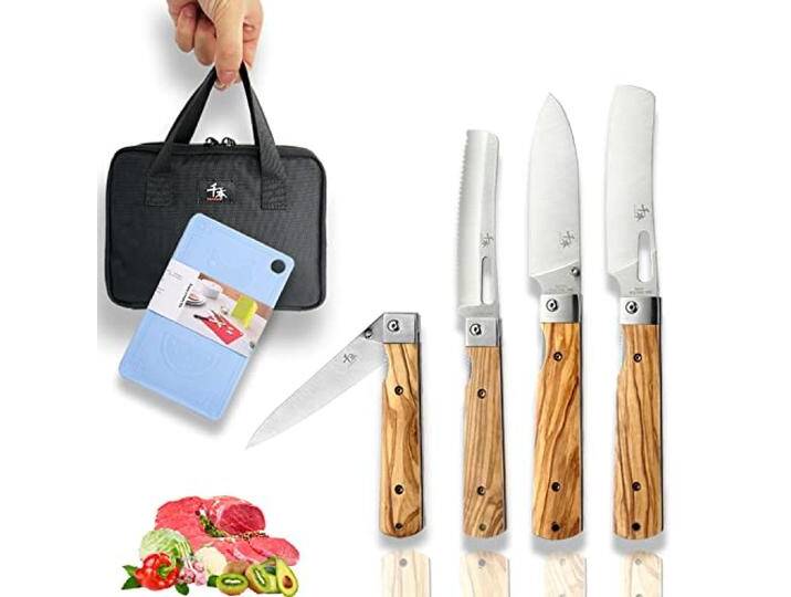 SENBON 440A Edelstahl Küchenmesser Tragbare Falten Nicht Obst Messer Chef Messer Olive Holz Griff 4 Messer Set von amazon