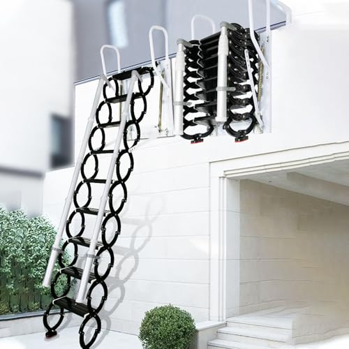 Decken Dachboden Loft Leiter, Klappbare Dachbodentreppe mit Handlauf, Teleskopierbare Dachbodenleiter mit Pull Down System, 12 Stufen Dachbodentreppe, Innen Außen Dachbodentreppe (Black, 2.7-3.2m) von amhricho