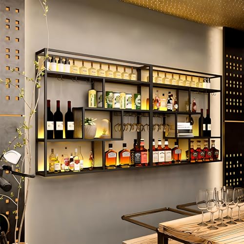 amhricho Wandmontiertes Weinregal im modernen Industriestil, Schmiedeeisen, geeignet für Küchenbars und Weinflaschenpräsentation (Black, 300 * 20 * 120CM) von amhricho