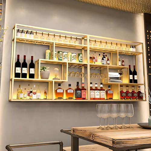amhricho Wandmontiertes Weinregal im modernen Industriestil, Schmiedeeisen, geeignet für Küchenbars und Weinflaschenpräsentation (Gold, 300 * 20 * 120CM) von amhricho