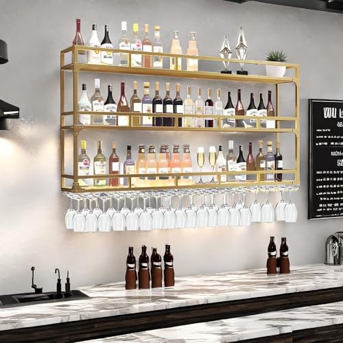 amhricho Weinregal Wand, 3 Ebenen Wand-Weinregale mit Glashalter, Multi funktionaler Weinpareite Display Rack,Weinflaschenhalter Wandmontage, für Zuhause, Bar, Küche, Restaurant (GOLD, 100*25*90cm) von amhricho