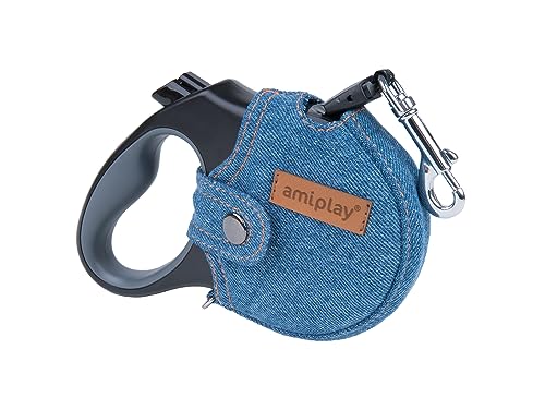 Amiplay Automatische Roll-Leine Infini Freedom mit Denim Schutzhülle - Flexi Leine 3m, 5m für kleine bis große Hunde - Langlebige, Praktische Hundeleine, Ideal für Spaziergänge, 12kg bis 50kg von Amiplay