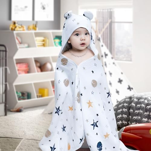 Baby Kapuzenhandtuch Ultra saugfähig, 4 Schicht weiche Cartoon Gaze Cape für Baby Kleinkind Säugling, , Baumwolle Neugeborenes Decke, Baby Bad Dusche Geschenke für Jungen Mädchen, Planeten 70*140cm von amo nenes