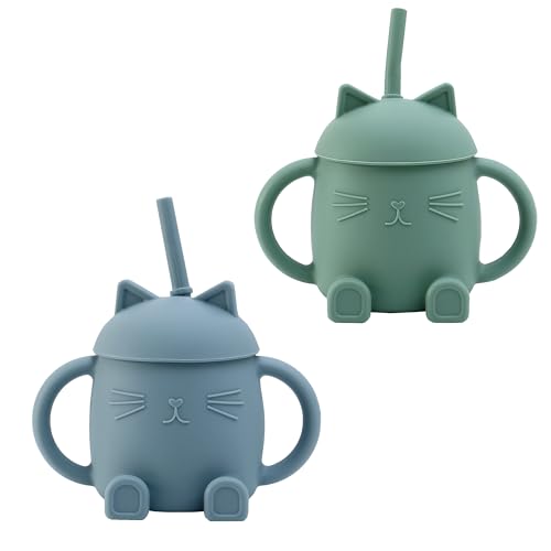 amo nenes 2 Stück Baby Trinkbecher mit Strohhalmen und Griffen Silikon Becher Strohhalmbecher Kinder Trinklernbecher BPA-frei für Mikrowelle und Spülmaschine, Rosa/Weiß (Grün) von amo nenes