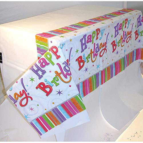 Amscan 579980 - Tischdecke Happy Birthday, 1 Stück, Größe 137 x 243 cm, aus Kunststoff, wasserabweisend, Alles Gute zum Geburtstag, Weiß mit mehrfarbigen Motiven, Kinderparty, Tischdekoration von amscan