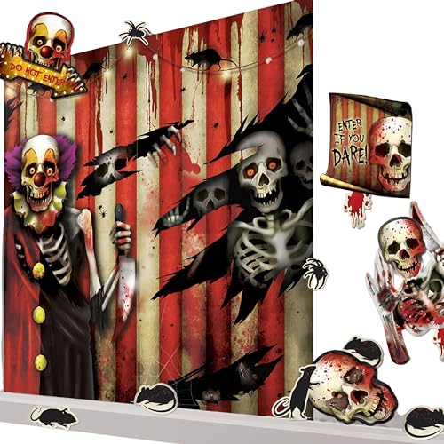 Amscan 670194 - Deko-Set Wand Creepy Carnevil, aus Papier und Plastik, 33-teilig, Horrorclown, Totenkopf, Halloween, Horror-Party, Mottoparty von amscan