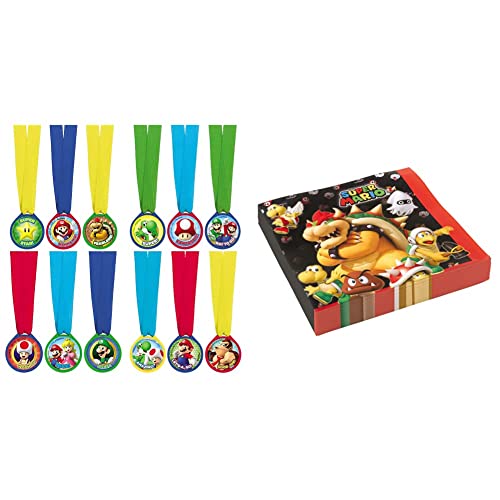 amscan Super Mario Party-Reihe, mehrfarbig, Einheitsgröße, 1 1/2" & 9901538 - Servietten Super Mario, 20 Stück, 33 x 33 cm, Partygeschirr, Kindergeburtstag von amscan