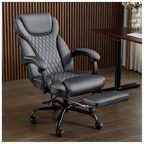 amseatec Bürostuhl, großer und hoher Bürostuhl mit Fußstütze, ergonomischer Bürostuhl, Heimbüro, Schreibtischstühle, mit hoher Rückenlehne, Lederstuhl mit Lendenwirbelstütze (grau) von amseatec