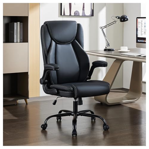 amseatec Chefsessel mit hochklappbaren Armlehnen, ergonomischer Schreibtischstuhl mit hoher Rückenlehne, PU-Leder, höhenverstellbar und neigbar, drehbar und rollbar, extra breiter Sitz, bequeme von amseatec