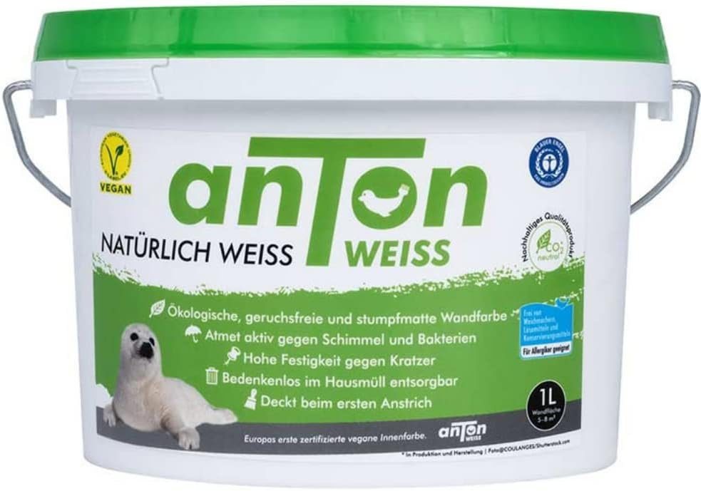 anTon Weiss Wandfarbe Geruchsfreie weisse Wandfarbe mit Power Deckkraft - NEU in 1L, umweltfreundlich, matt,1l,vegan,allergikerfreundlich,hochdeckend von anTon Weiss