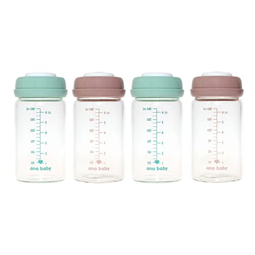 Premium Glasflaschen für Muttermilch, 180 ml, spülmaschinen-, gefrier- und mikrowellengeeignet (Glasflaschen für Muttermilch, 4 x 180 ml) von ana baby