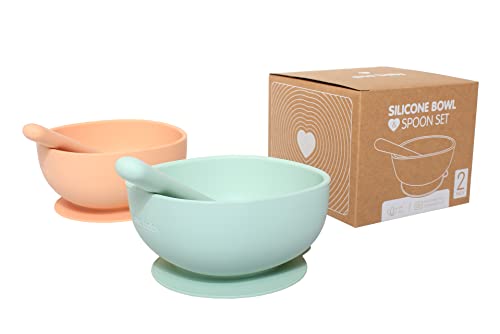 Silikon-Saugnapf und Löffel, passendes 2er-Pack, Hellgrün und Pfirsich, BPA-frei, spülmaschinen-, mikrowellen- und gefriergeeignet von ana baby