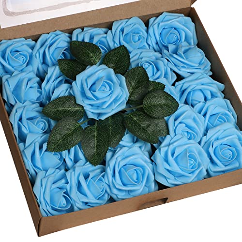 Anaoo Künstliche Rosen Blumen 25 Stück Kunstblumen Deko Schaumrosen Foamrosen Rosenköpfe Gefälschte Kunstrose Rose für DIY Geburtstagsdeko Hochzeitsdeko Blumensträuße Braut Dekoration, Himmelblau von Anaoo