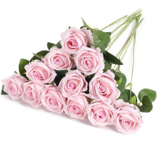 anaoo 12 STK Künstliche Rosen Blumen Realistische Seidenblumen Rosen Bulk Brautstrauss Blumenstrauß Dekoration Hochzeitsstrauß Party Hausgarten Büro Mittelstücke Dekor Blumenarrangement, Rosa von anaoo