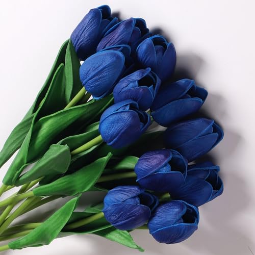 anaoo 12pcs Tulpen Künstliche Blumen Blau Tulpen wie Echt Deko Realistische Latex, Dekoration für Brautsträuße Haus Party Deko Büro DIY Blumen Arrangements, Dunkelblau von anaoo