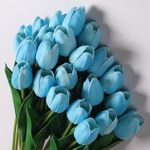 anaoo 24 Stück Tulpen künstlich Blumen Tulpen wie Echt Deko realistische Latex mit, Dekoration für Brautsträuße, Haus, Party Deko, Büro, DIY Blumenarrangements, Blau von anaoo