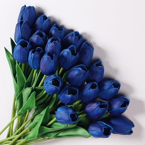 anaoo 24pcs Tulpen Künstliche Blumen Blau Tulpen wie Echt Deko Realistische Latex, Dekoration für Brautsträuße Haus Party Deko Büro DIY Blumen Arrangements, Dunkelblau von anaoo