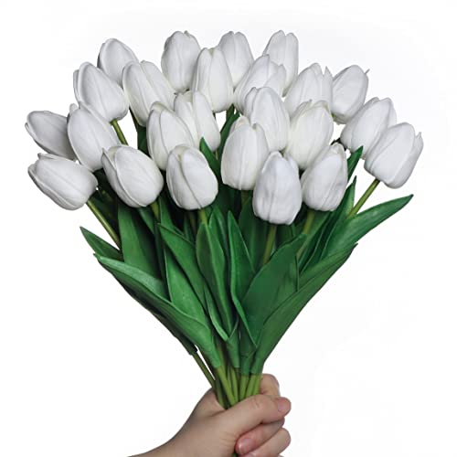 Anaoo Künstliche Tulpen, Weiß, aus Latex, Blumenstrauß, Kunstblumen, Braut, für Zuhause, Hochzeit, Party, Bürodekoration, Blumenarrangements, 24 Stück von Anaoo