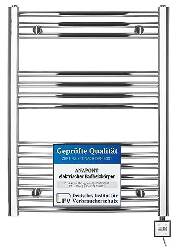 anapont elektrischer Badheizkörper - chrom gebogen - Timer-Funktion - Handtuchheizkörper - Badheizung elektrisch - Handtuchheizung - Made in Germany (KTX-3, 775h x 600b) von anapont