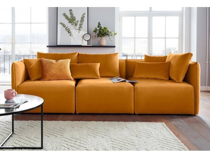 3-Sitzer ANDAS Nöre , gold (goldfarben), B:262cm H:74cm T:90cm, Samtoptik (100% Polyester), Struktur (100% Polypropylene), Webstoff (100% Polyester, Struktur fein (100% Polyester)), Luxus-Microfaser Lederoptik (100% Polyester), Baumwoll-/Leinenmix (60% Baumwolle, 40% Leinen), Sofas, 3 Teile, in vielen Bezugsqualitäten und Farben s. auch Nöre von andas