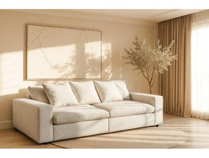 Big-Sofa ANDAS Venslev , beige (cream), B:260cm H:83cm T:120cm, 100% PES, Sofas, Lounge-Sofa, mit extra tiefer Sitzfläche und losen Kissen von andas