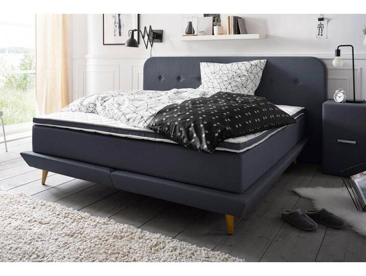 Boxspringbett ANDAS Premium , blau, Struktur fein, Liegefläche B/L: 180cm x 200cm, H3, Taschen-Federkernmatratze, Strukturstoff-Bezug (100% Polyester), Komplettbetten, Boxspringbett, Steppung mit Knopfheftung, inkl. Topper von andas
