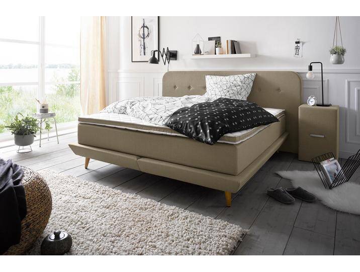 Boxspringbett ANDAS Premium , grün (olive), Struktur fein, Liegefläche B/L: 140cm x 200cm, H2, Taschen-Federkernmatratze, Strukturstoff-Bezug (100% Polyester), Komplettbetten, Boxspringbett, Steppung mit Knopfheftung, inkl. Topper von andas