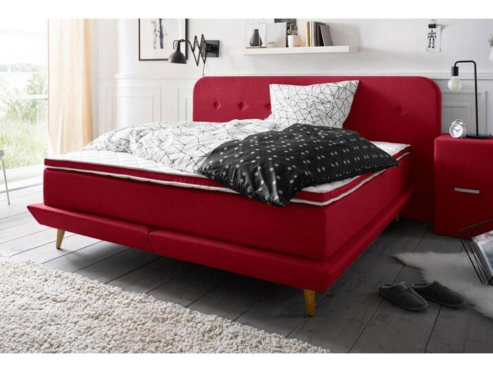 Boxspringbett ANDAS Premium , rot, Struktur fein, Liegefläche B/L: 180cm x 200cm, H2, Taschen-Federkernmatratze, Strukturstoff-Bezug (100% Polyester), Komplettbetten, Boxspringbett, Steppung mit Knopfheftung, inkl. Topper von andas