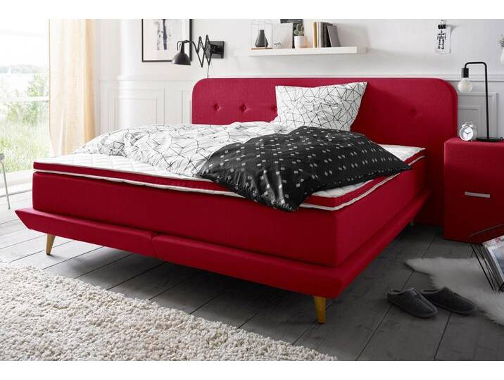 Boxspringbett ANDAS Premium , rot, Struktur fein, Liegefläche B/L: 200cm x 200cm, H3, Taschen-Federkernmatratze, Strukturstoff-Bezug (100% Polyester), Komplettbetten, Boxspringbett, Steppung mit Knopfheftung, inkl. Topper von andas