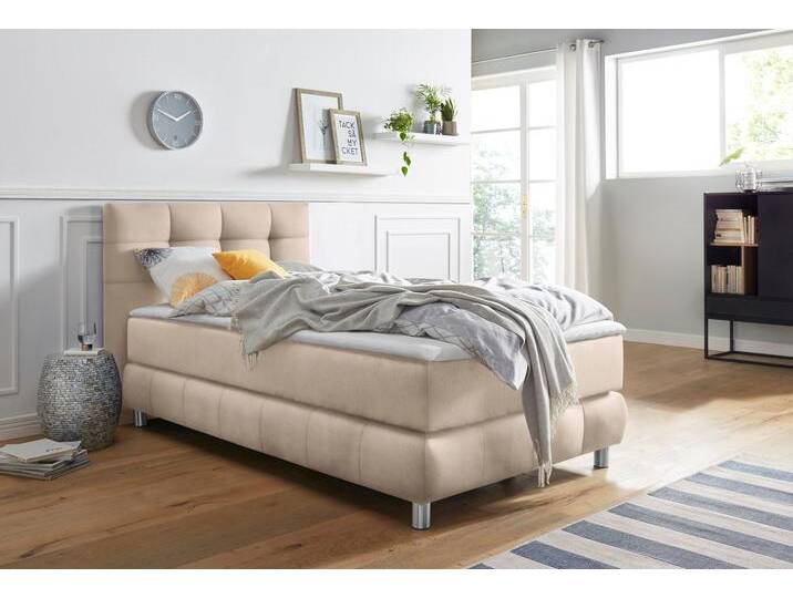 Boxspringbett ANDAS Salo , beige, B:104cm L:211cm, Struktur (100% Polyester);Bezug der Spiegelfläche Matratzendrell aus 100% Polyester;Samtoptik (100% Polyester), Komplettbetten, Boxspringbett, incl. Topper, 6 Breiten, 2 Härtegrade, TFK auch in Härtegrad 4 von andas