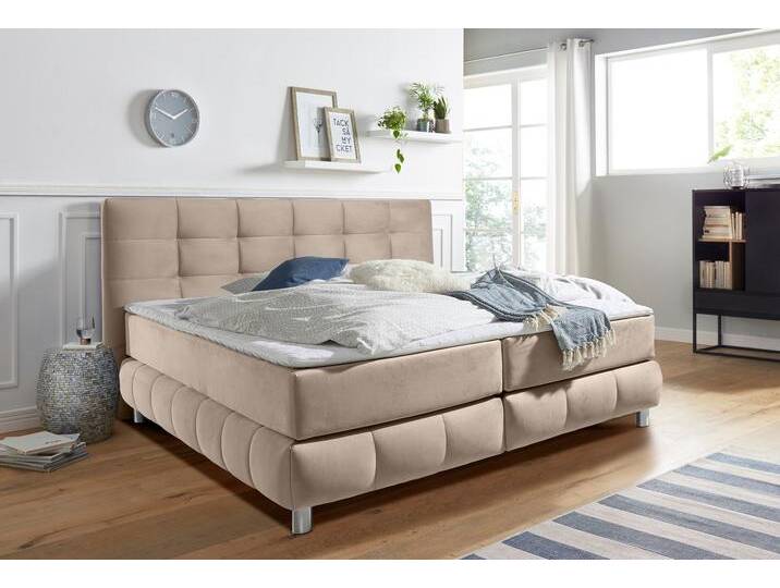 Boxspringbett ANDAS Salo , beige, B:174cm L:211cm, Struktur (100% Polyester), Bezug der Spiegelfläche Matratzendrell aus 100% Polyester, Samtoptik (100% Polyester), Komplettbetten, Boxspringbett, incl. Topper, 6 Breiten, 2 Härtegrade, TFK auch in Härtegrad 4 von andas