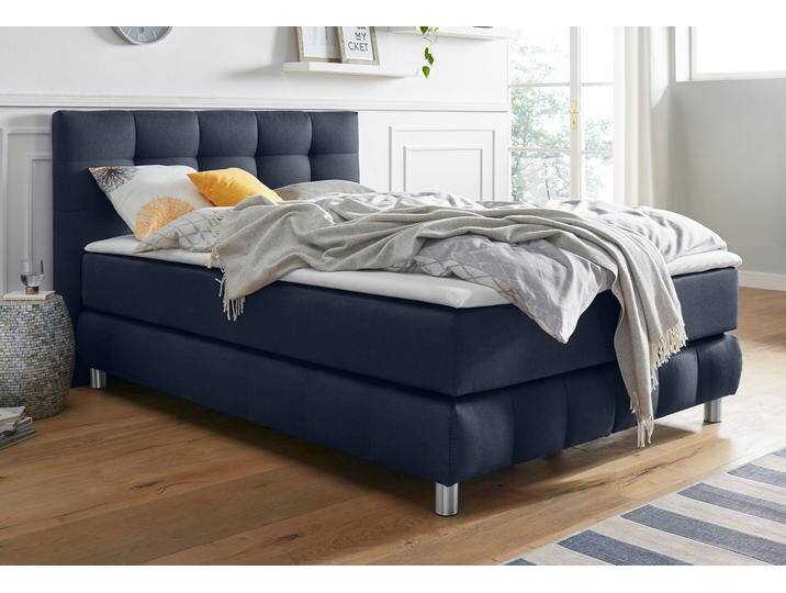 Boxspringbett ANDAS Salo , blau, B:134cm L:211cm, Struktur (100% Polyester), Bezug der Spiegelfläche Matratzendrell aus 100% Polyester, Samtoptik (100% Polyester), Komplettbetten, Boxspringbett, incl. Topper, 6 Breiten, 2 Härtegrade, TFK auch in Härtegrad 4 von andas