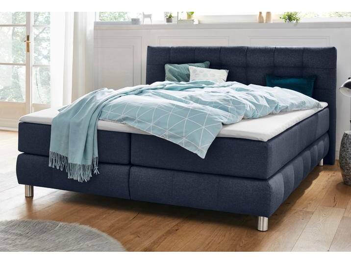 Boxspringbett ANDAS Salo , blau, B:194cm L:211cm, Struktur (100% Polyester), Bezug der Spiegelfläche Matratzendrell aus 100% Polyester, Samtoptik (100% Polyester), Komplettbetten, Boxspringbett, incl. Topper, 6 Breiten, 2 Härtegrade, TFK auch in Härtegrad 4 von andas