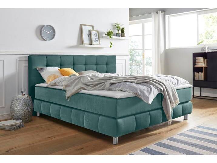 Boxspringbett ANDAS Salo , blau (petrol), B:194cm L:211cm, Struktur (100% Polyester), Bezug der Spiegelfläche Matratzendrell aus 100% Polyester, Samtoptik (100% Polyester), Komplettbetten, Boxspringbett, incl. Topper, 6 Breiten, 2 Härtegrade, TFK auch in Härtegrad 4 von andas