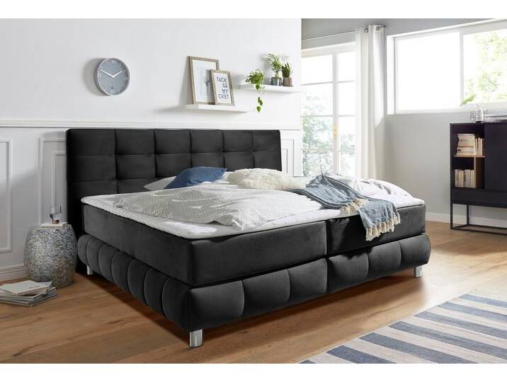 Boxspringbett ANDAS Salo , grau (anthrazit), B:174cm L:211cm, Struktur (100% Polyester), Bezug der Spiegelfläche Matratzendrell aus 100% Polyester, Samtoptik (100% Polyester), Komplettbetten, Boxspringbett, incl. Topper, 6 Breiten, 2 Härtegrade, TFK auch in Härtegrad 4 von andas