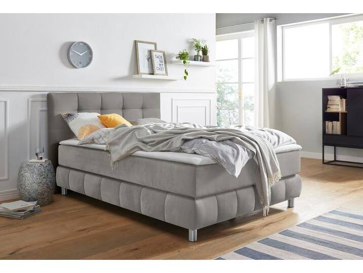 Boxspringbett ANDAS Salo , grau (hellgrau), B:134cm L:211cm, Struktur (100% Polyester), Bezug der Spiegelfläche Matratzendrell aus 100% Polyester, Samtoptik (100% Polyester), Komplettbetten, Boxspringbett, incl. Topper, 6 Breiten, 2 Härtegrade, TFK auch in Härtegrad 4 von andas