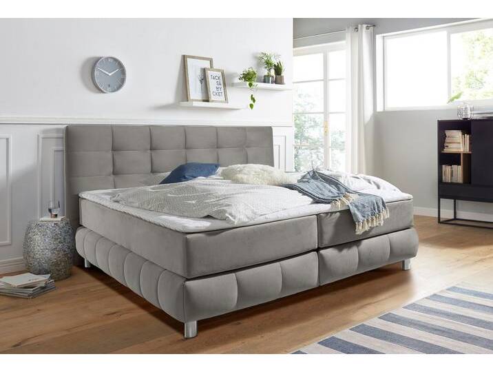 Boxspringbett ANDAS Salo , grau (hellgrau), B:174cm L:211cm, Struktur (100% Polyester), Bezug der Spiegelfläche Matratzendrell aus 100% Polyester, Samtoptik (100% Polyester), Komplettbetten, Boxspringbett, incl. Topper, 6 Breiten, 2 Härtegrade, TFK auch in Härtegrad 4 von andas
