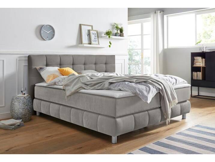 Boxspringbett ANDAS Salo , grau (hellgrau), B:194cm L:211cm, Struktur (100% Polyester), Bezug der Spiegelfläche Matratzendrell aus 100% Polyester, Samtoptik (100% Polyester), Komplettbetten, Boxspringbett, incl. Topper, 6 Breiten, 2 Härtegrade, TFK auch in Härtegrad 4 von andas