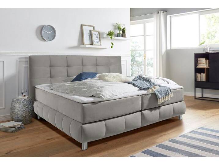 Boxspringbett ANDAS Salo XXL , grau (hellgrau), B:174cm L:231cm, Komplettbetten, Boxspringbett, in Samtoptik oder Struktur, 6 Breiten in Überlänge 220cm, 4 Härtegrade von andas