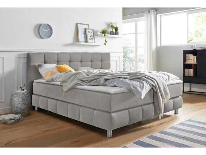 Boxspringbett, Samtoptik, Grau, 200×220 cm, 7-Zonen-Tonnentaschen-Federkernmatratze, Skandinavisch, andas von andas