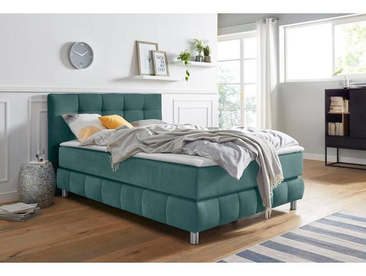 Boxspringbett ANDAS Salo XXL , grün (mint), B:154cm L:231cm, Komplettbetten, Boxspringbett, in Samtoptik oder Struktur, 6 Breiten in Überlänge 220cm, 4 Härtegrade von andas