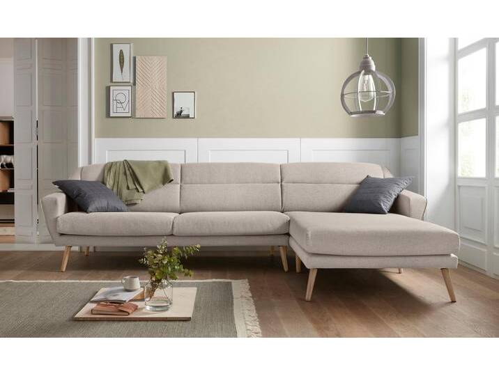 Ecksofa ANDAS Bille L-Form , beige (creme), B:302cm H:86cm T:178cm, Samtoptik (100% Polyester), Luxus-Microfaser weich (100% Polyester), Struktur (100% Polyester), Struktur fein (100% Polyester), Sofas, mit Naht im Rückenkissen und Beinen aus Eichenholz von andas