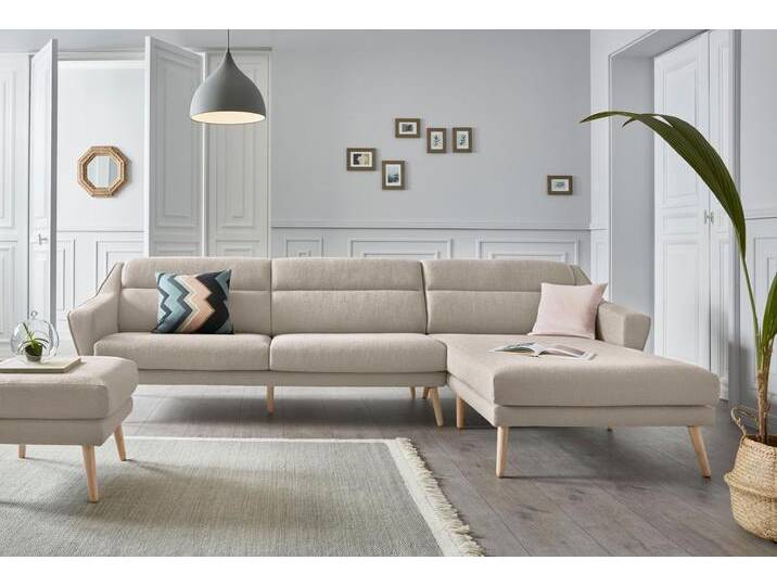 Ecksofa ANDAS Bille L-Form , beige (creme), B:302cm H:86cm T:178cm, Samtoptik (100% Polyester), Luxus-Microfaser weich (100% Polyester), Struktur (100% Polyester), Struktur fein (100% Polyester), Sofas, mit Naht im Rückenkissen und Beinen aus Eichenholz von andas